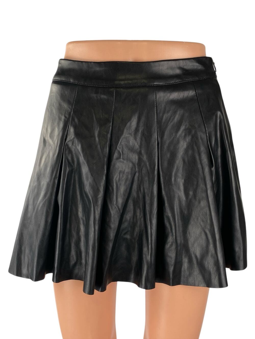 Better Be Women's Black Faux Vegan Leather Pleated Mini Flare A-Line Skirt Sz S
